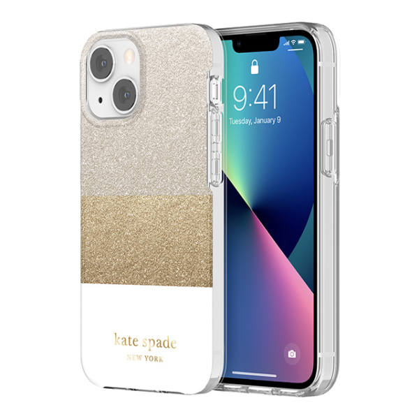 Case Kate Spade NY para iPhone 13 Mini- Bloque Blanco Plata Oro Glitter Online now