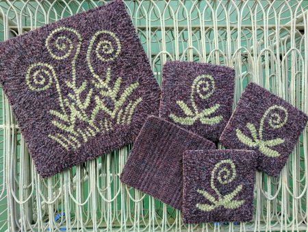 Vintage Look Fiddlehead Fern Hooked Table Mat and Coasters Rug Hooking Kit For Discount